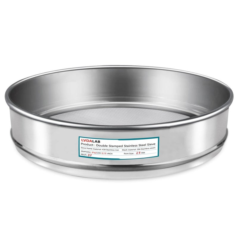 LVDALAB 304 Stainless Steel Lab Sieve Screen Mesh, 20 Mesh (0.9mm) Aperture Test Sieve, 15.75''(40cm) Diameter Economy Standard Analysis Sample Test Sieves for Industrial Laboratory Homes - Image 1